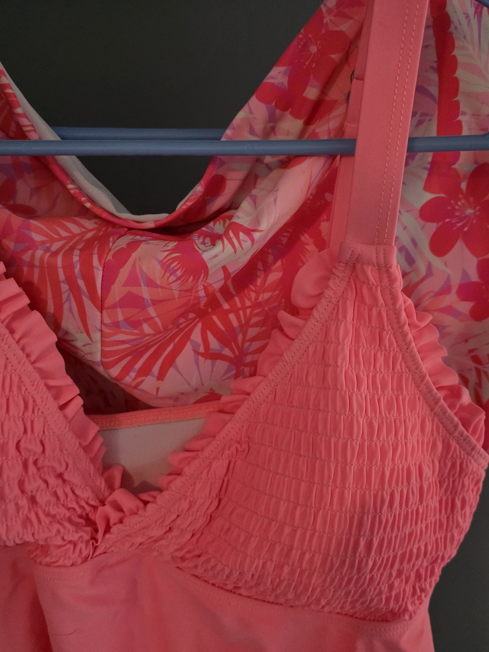 Coral Pink Smocked Two-Piece Swimsuit (Tankini) - Picture 2 of 2
